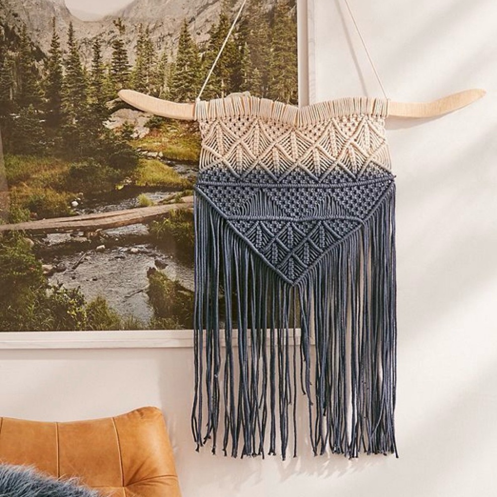 Anthropologie Boho Macrame Wall Hanging Cream Blue Ombre Fringe